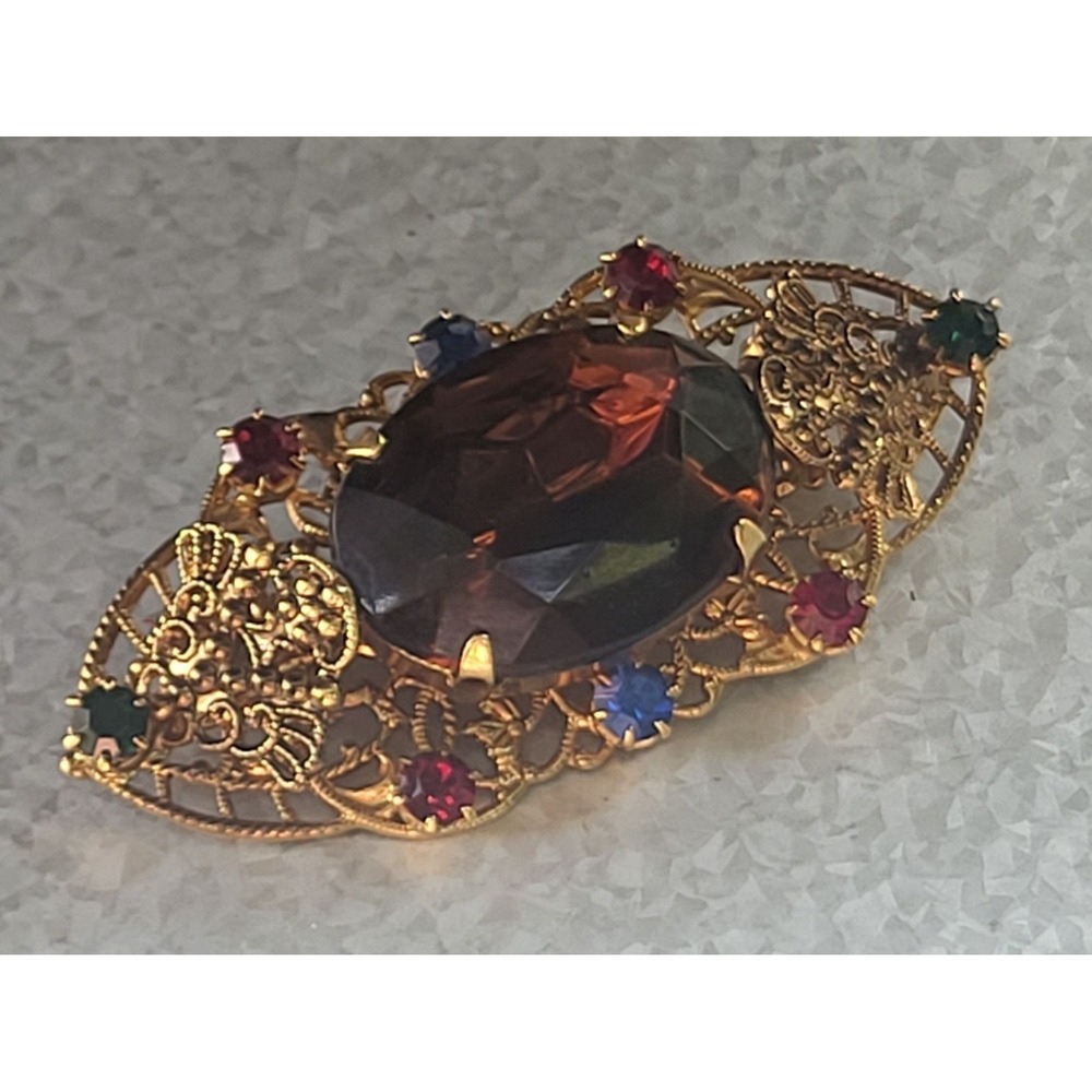 Czech Brass Filigree Faceted Topaz Glass Cabochon Vintage Brooch